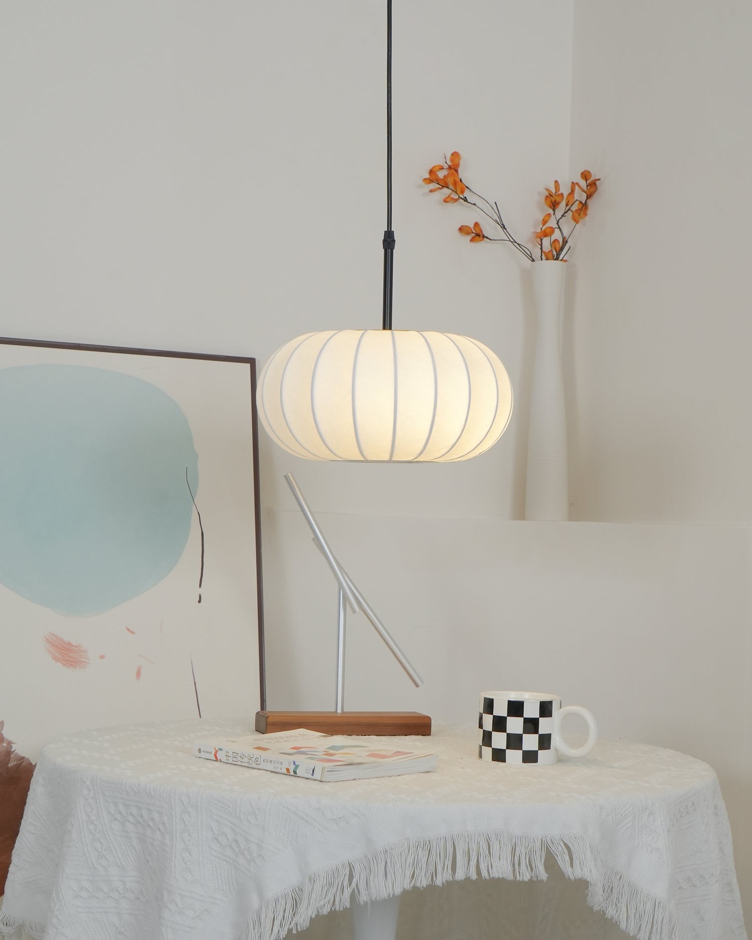 Eenvoudige Wabi-sabi witte lantaarn stoffen hanglamp HL852