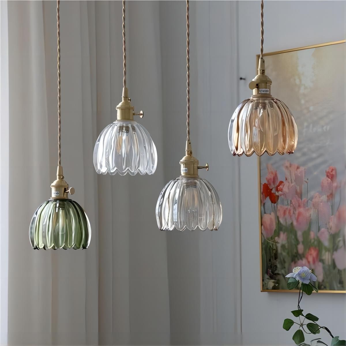 Retro koperen glazen bloemblaadjes hanglamp HL90