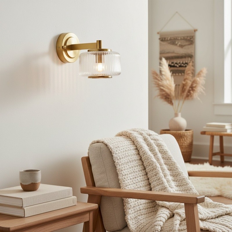 Canovus wandlamp met geribbelde glazen kap - elegante messing wandlamp voor woonkamerverlichting HL2235