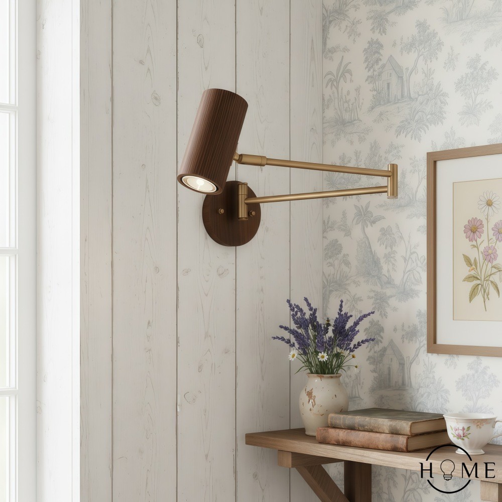 Verstelbare wandlamp met cilindervormige zwenkarm van hout en ijzer HL1085
