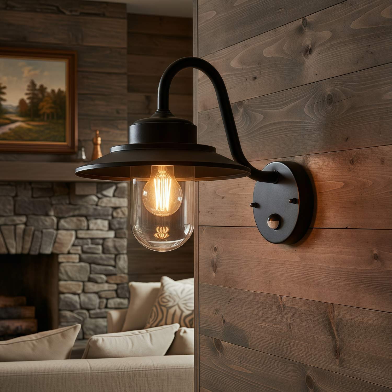 Trevanta wandlamp met gebogen arm - zwart gelakte sensorlamp in lantaarnstijl voor kleine ruimtes HL2094