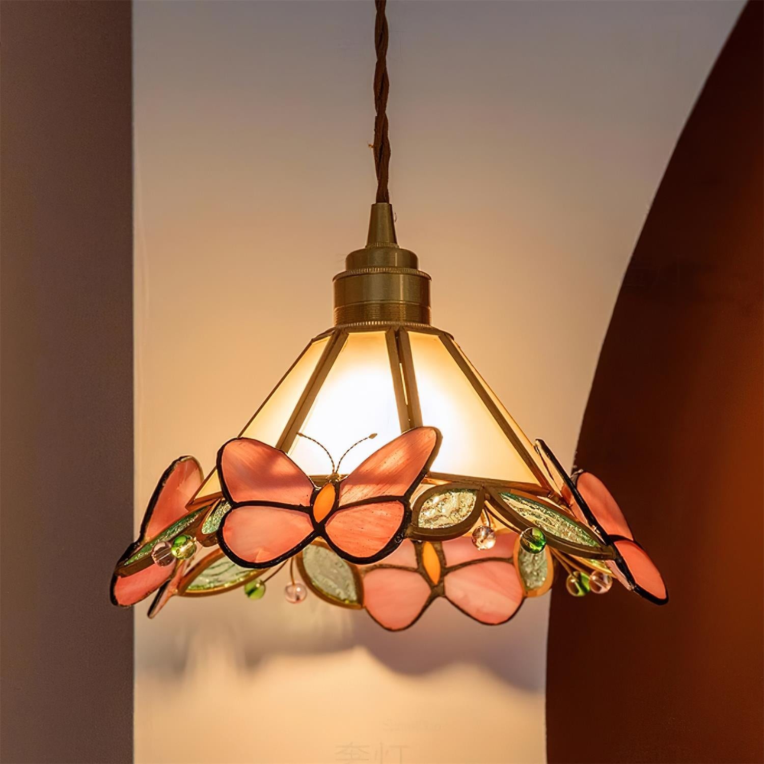 Franse Retro Glazen Roze Vlinder Hanglamp HL814