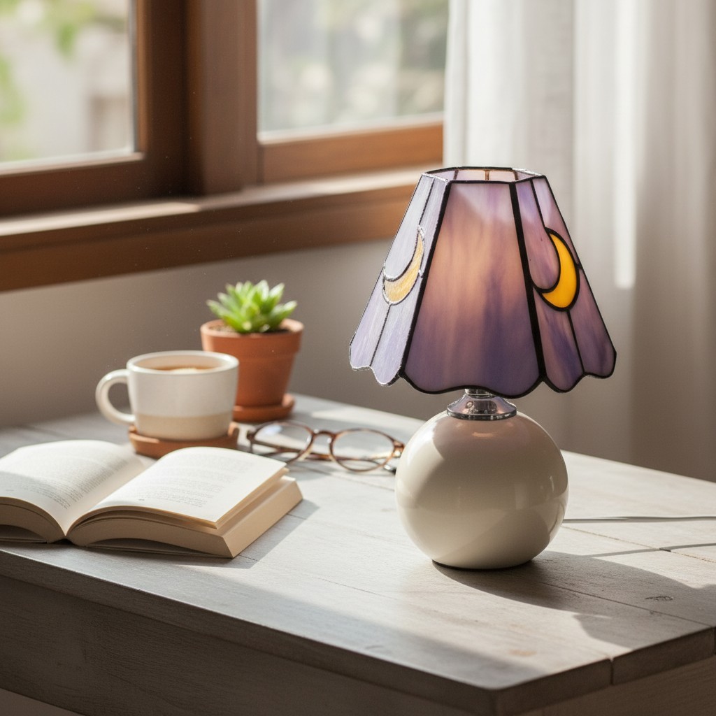 Stellum Paddenstoel Maan Tafellamp van Gebrandschilderd Glas, Artistieke Accentlamp met Keramische Voet voor Woonkamers HL2339