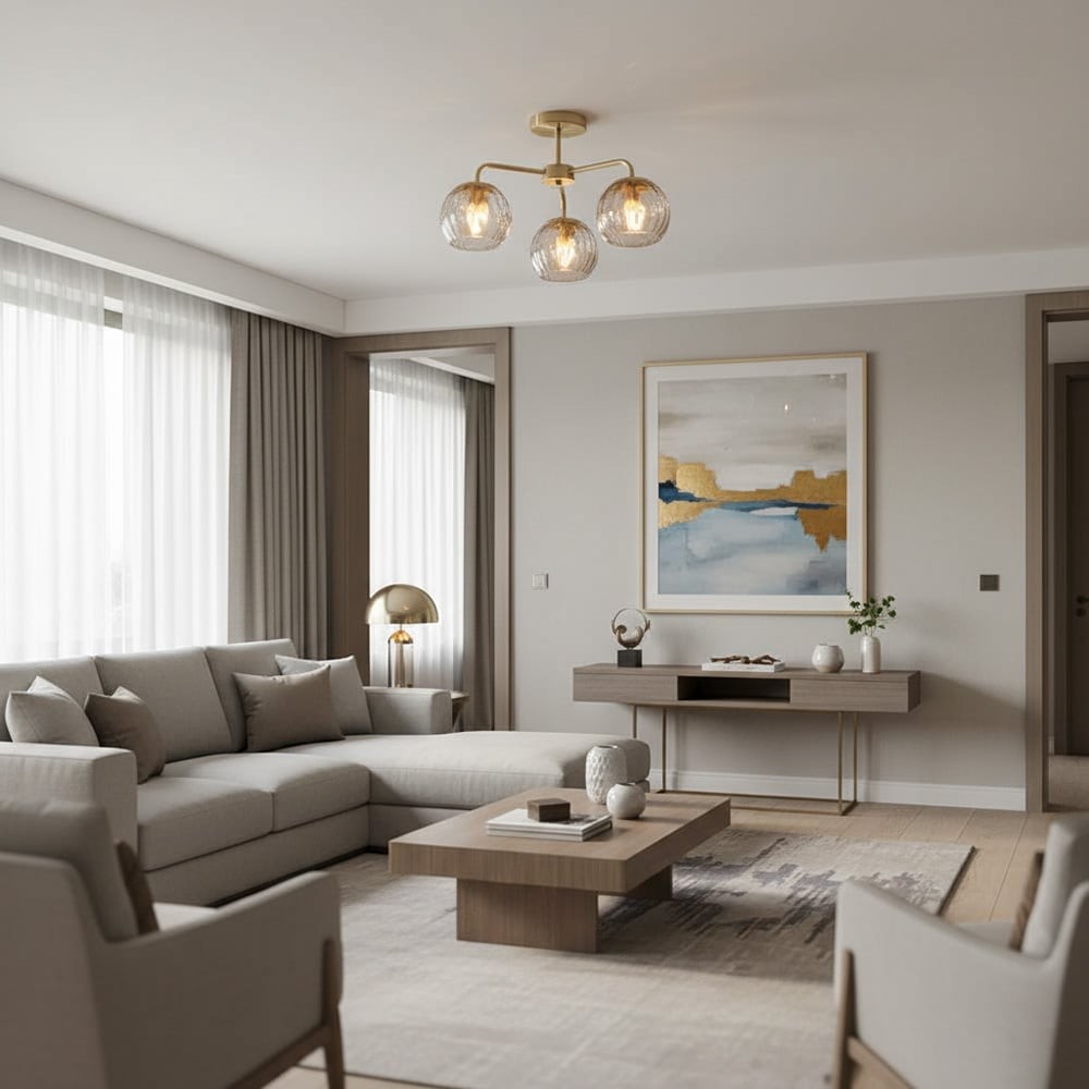 Elegante plafondlamp met 3 lampen en messing afwerking - Globe Semi-Flush Light HL1818