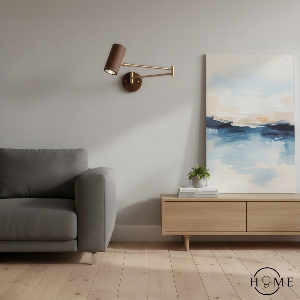 Verstelbare wandlamp met cilindervormige zwenkarm van hout en ijzer HL1085