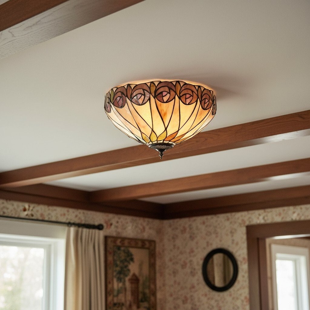 TF Hutchinson Tiffany Plafondlamp - Elegante vintage glazen lamp met bloemenmotief voor eetkamer of gang HL2251