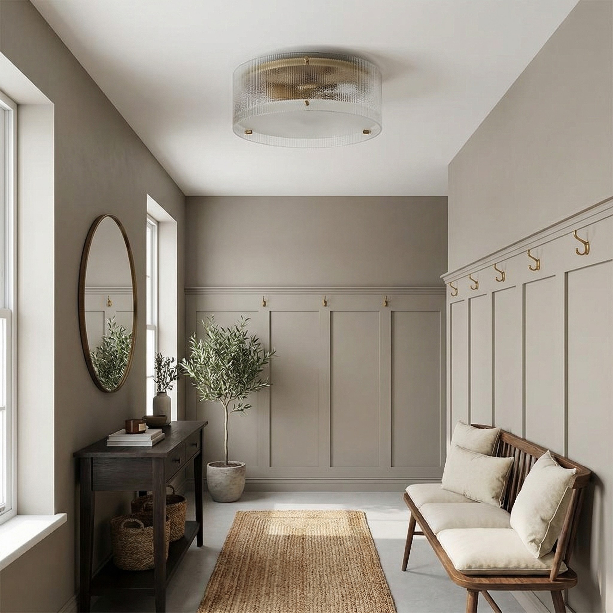 Glimmerove Ronde Plafondlamp van geribbeld glas en messing – Rustiek-chique plafondlamp voor woonkamers en badkamers HL2442