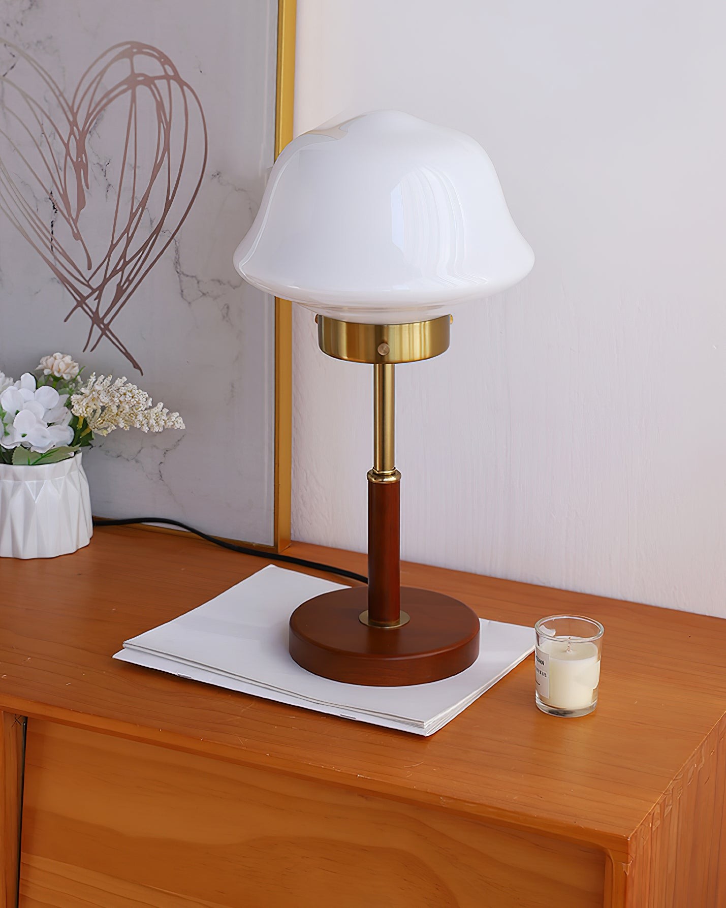 Mid Century Vintage Walnoot Glazen Tafellamp HL490