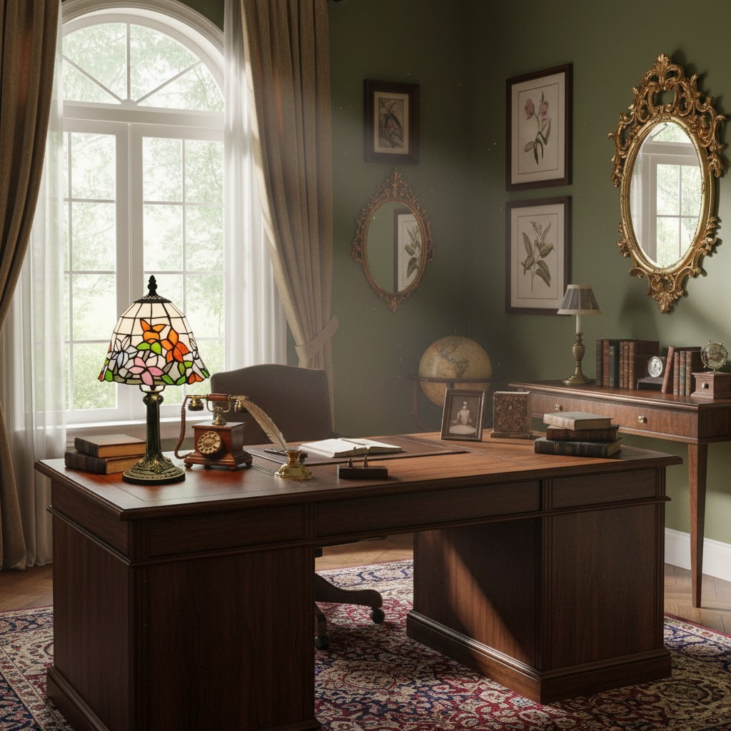 Virelle Traditionele Tiffany Tafellamp – Kleurrijke Bureaulamp met Glas-in-lood Koepel voor Slaapkamer HL2337