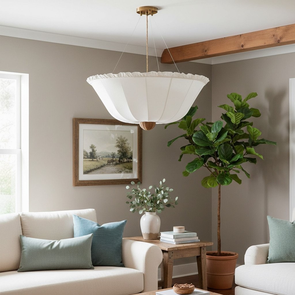 Wickara Plafondlamp met parasolvormige kap van riet – Plafondarmatuur van gemengde materialen voor woonkamer of hal HL2278