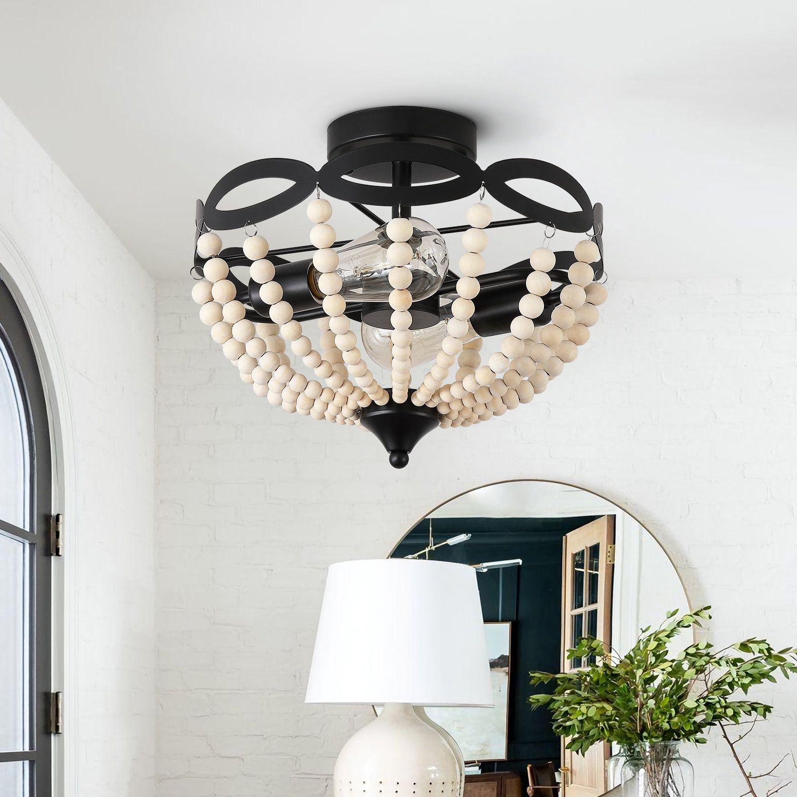 Retro Rustieke Metalen Houten Kralen Plafondlamp HL240