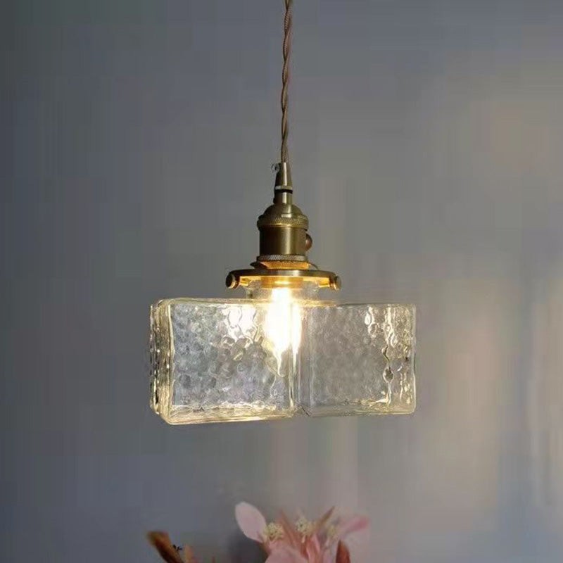 Traditionele vintage vierkante rechthoekige hanglamp met 1 lichtpunt van geribbeld glas en ijzer voor de woonkamer HL1415