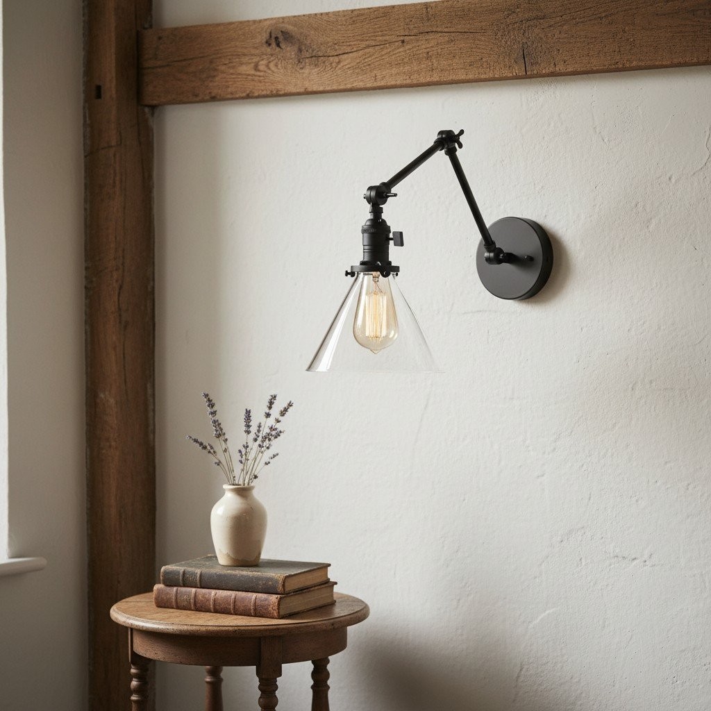 Conique metalen industriële wandlamp met verstelbare arm - vintage glazen kegelvormige kap HL1673