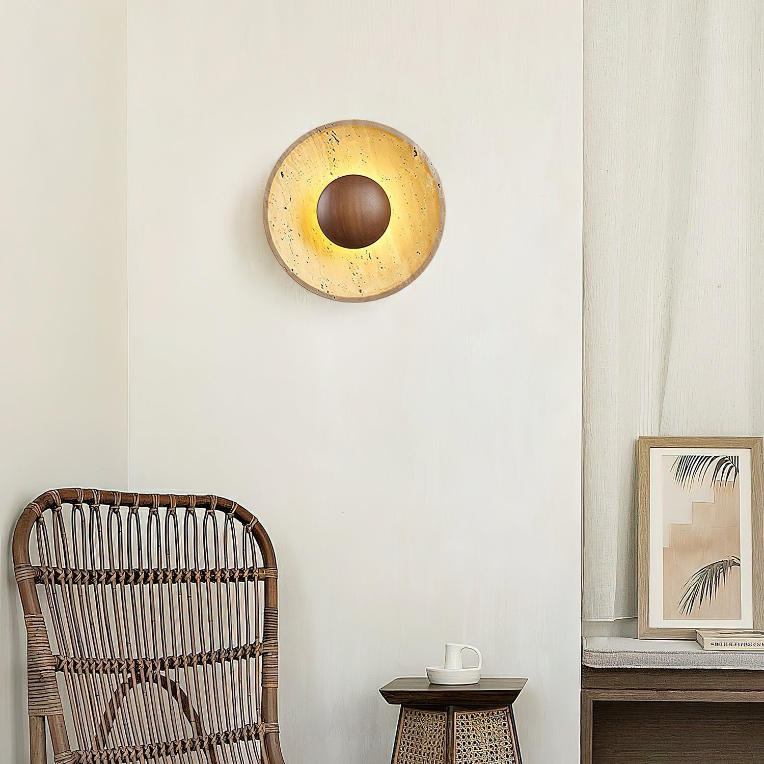 Middeleeuwse gele travertijnhouten wandlamp HL975