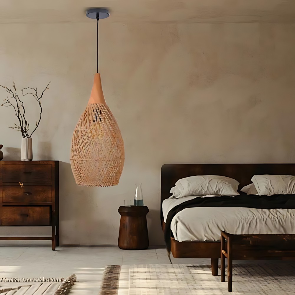 Handgemaakte hanglamp van rotan met wandtapijtmotief HL3392