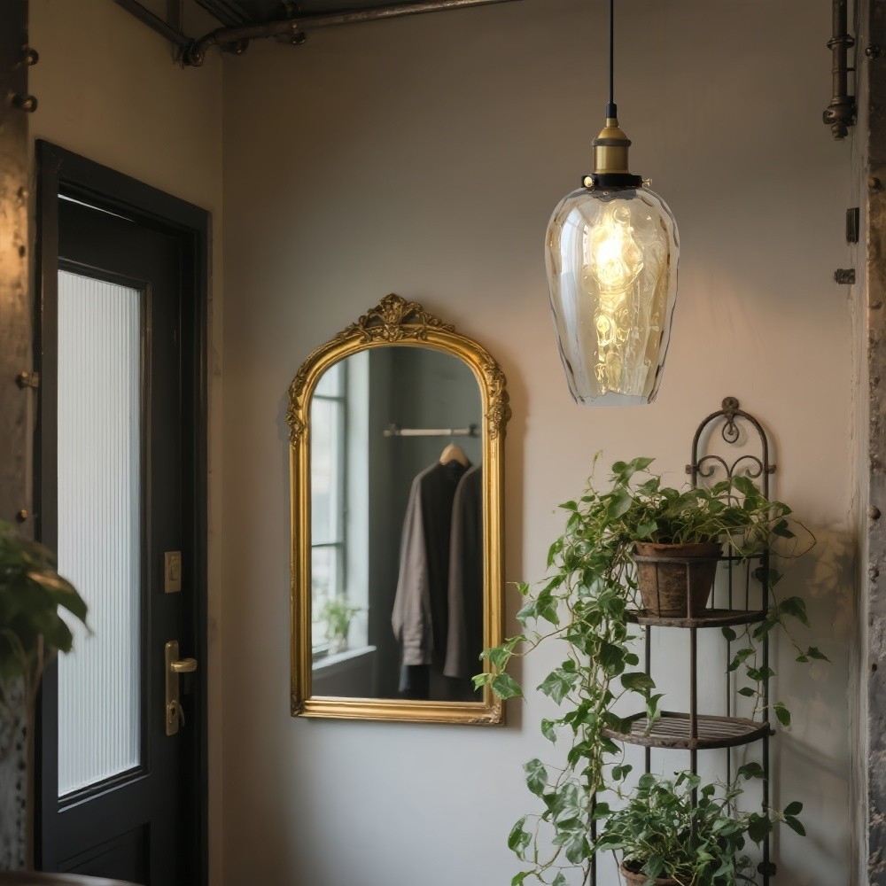 Hanglamp van getextureerd glas in Noordse stijl - Amberkleurige koepelvormige hallamp HL1329