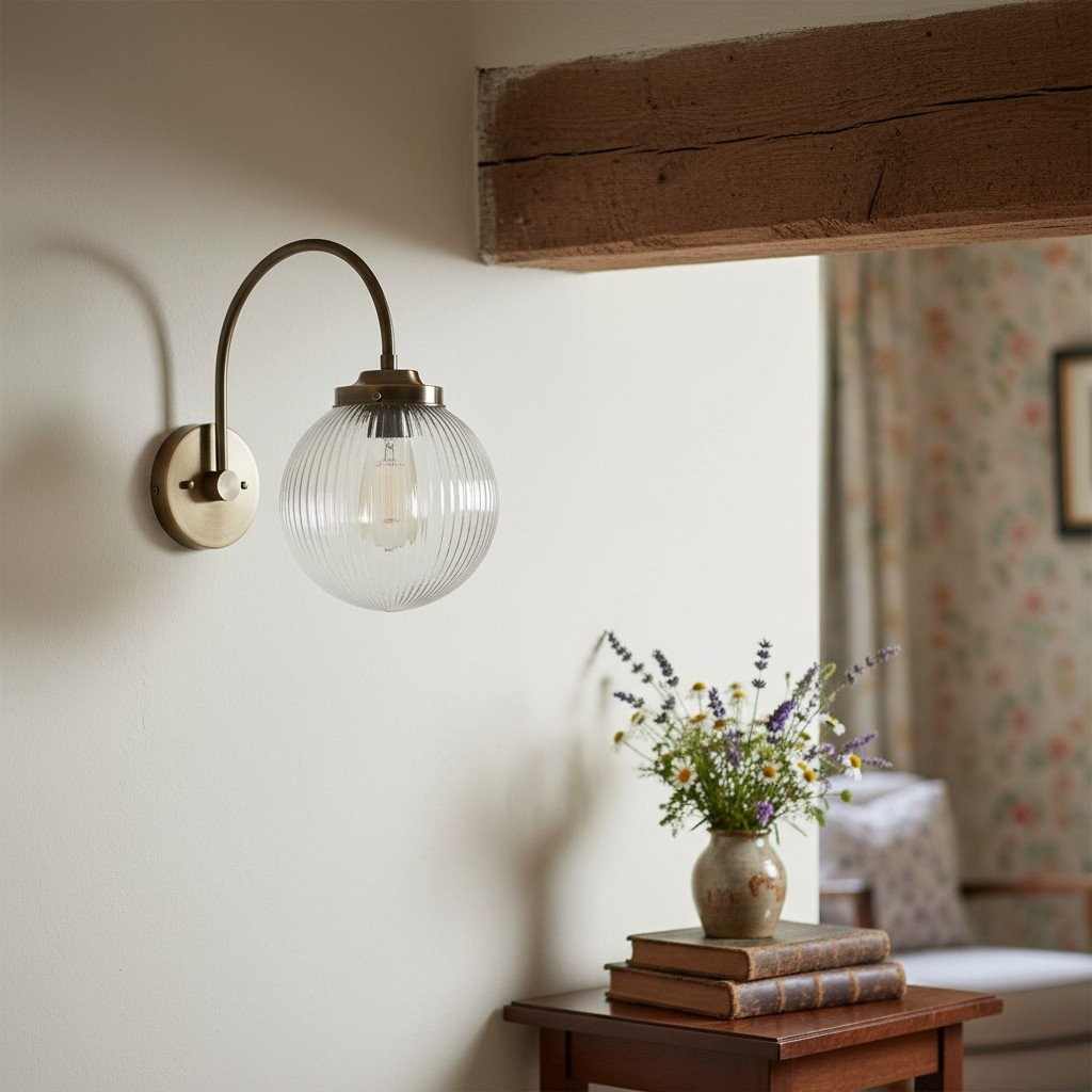 Glorica glazen wandlamp van verouderd messing - geribbelde glazen kap industriële stijl verlichting HL1772
