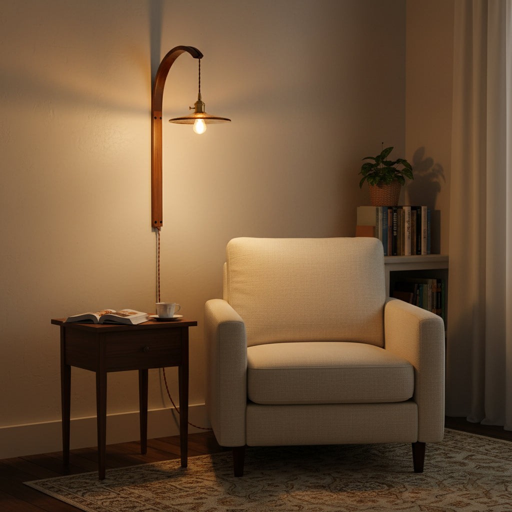 Gebogen walnootkleurige keramische wandlamp met stekker HL3051
