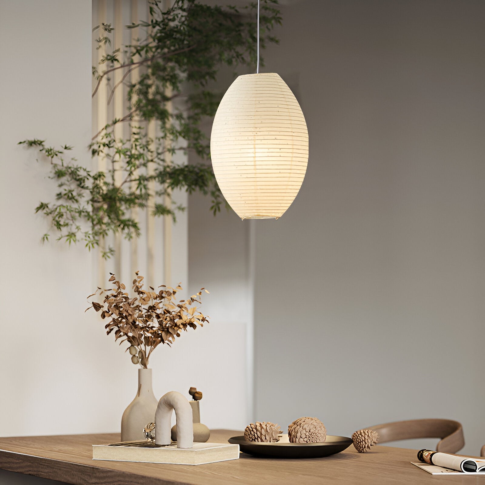 Traditionele Japandi Wabi-Sabi elliptische papieren hanglamp HL3495