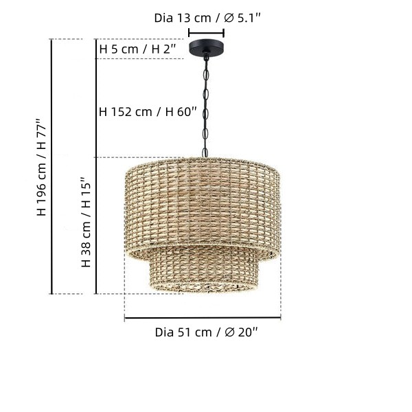 Natuurlijke rotan dubbele trommel hanglamp met zwarte kap HL1001