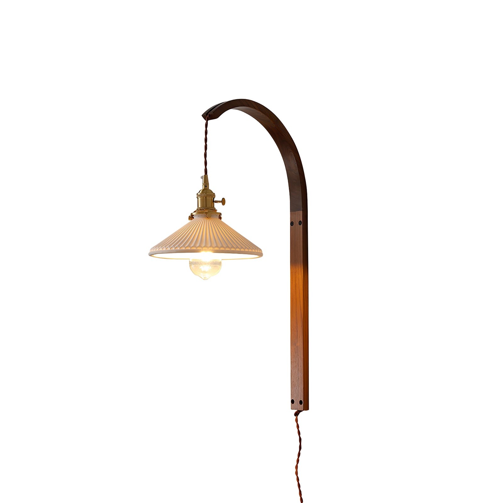 Gebogen walnootkleurige keramische wandlamp met stekker HL3051