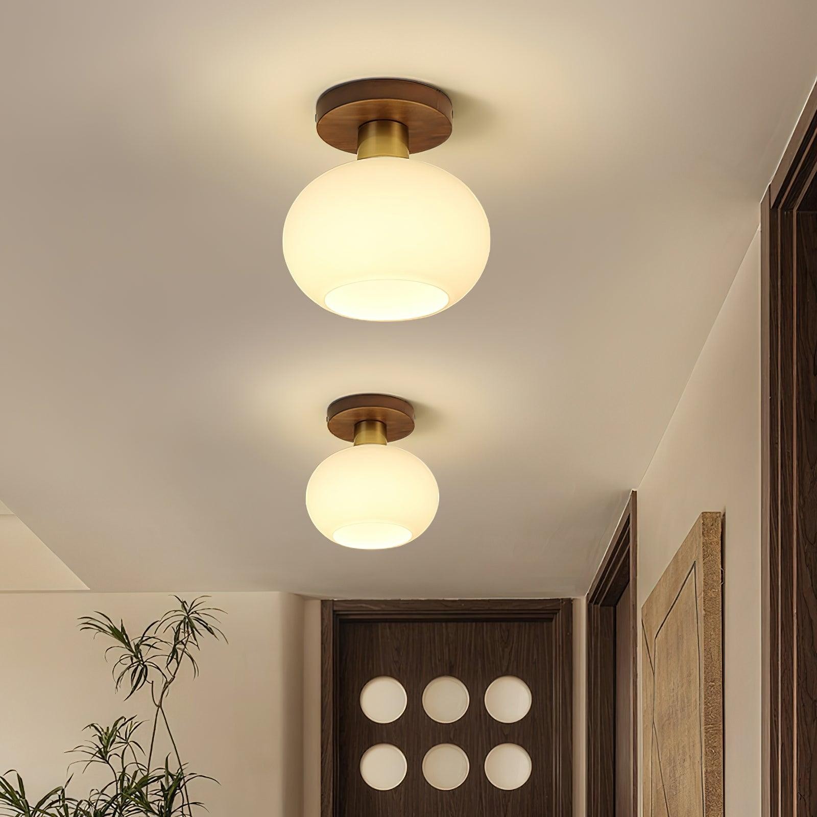 Vintage Wabi-Sabi Walnoot Koperen Glazen Plafondlamp Voor Woonkamer HL918