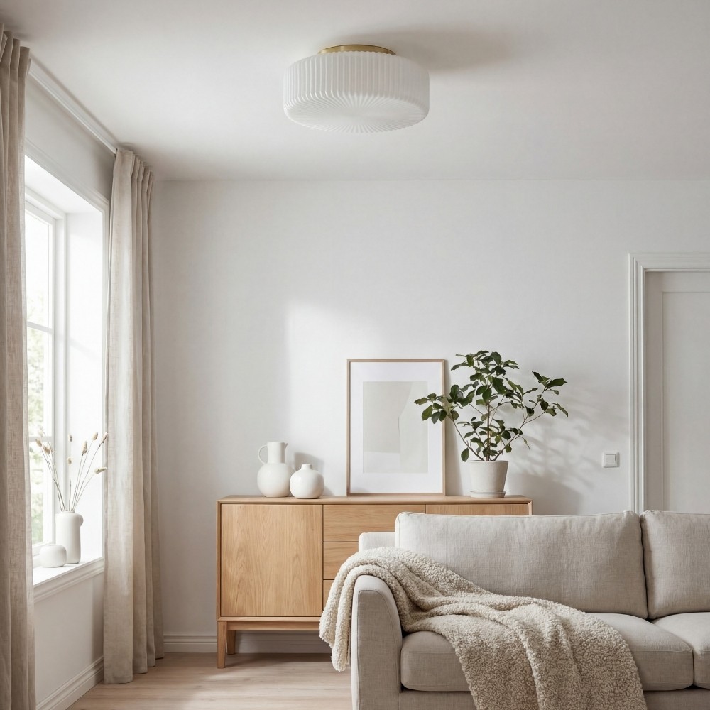 Lunorib Moderne Plafondarmatuur van Opaalglas - Geribbelde Metalen Verlichting met Structuur voor Woonkamers HL2417