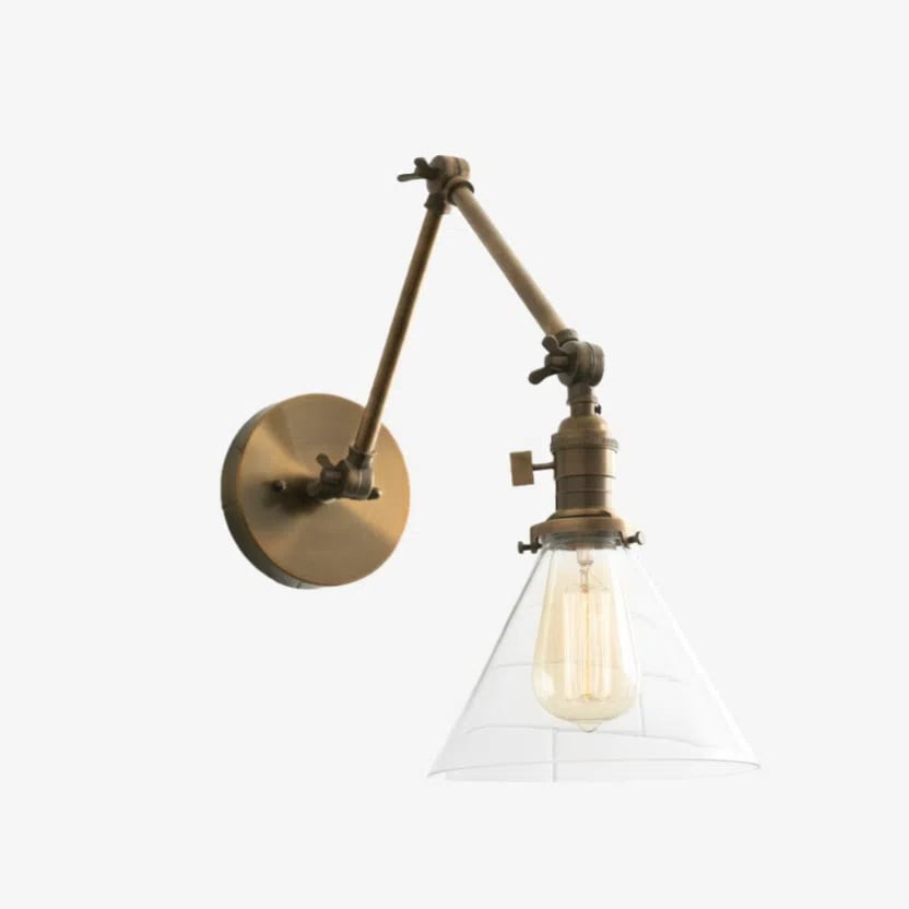 Conique metalen industriële wandlamp met verstelbare arm - vintage glazen kegelvormige kap HL1673