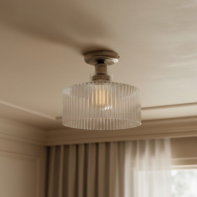 Ribora Vintage - Plafondlamp van geribbeld glas, geïnspireerd op vintage - Industriële stijl, vlak tegen het plafond