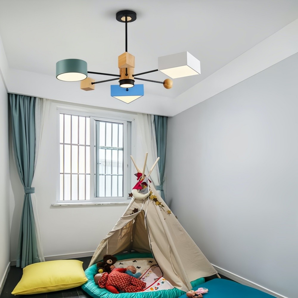 Kleurrijke houten kroonluchter met blokken - 4 takken voor de kinderkamer HL1354