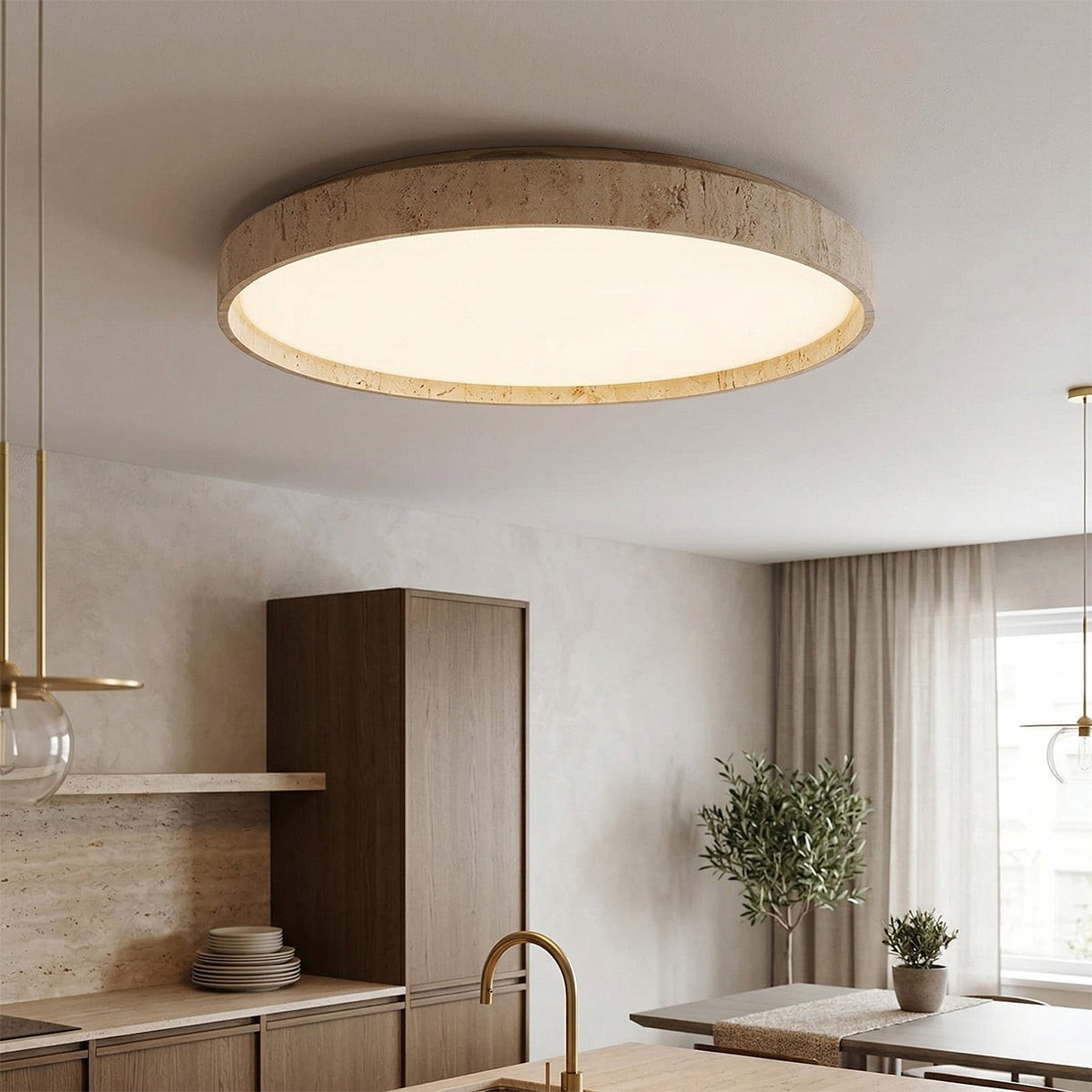 Ultradunne ronde plafondlamp van travertijn HL3243