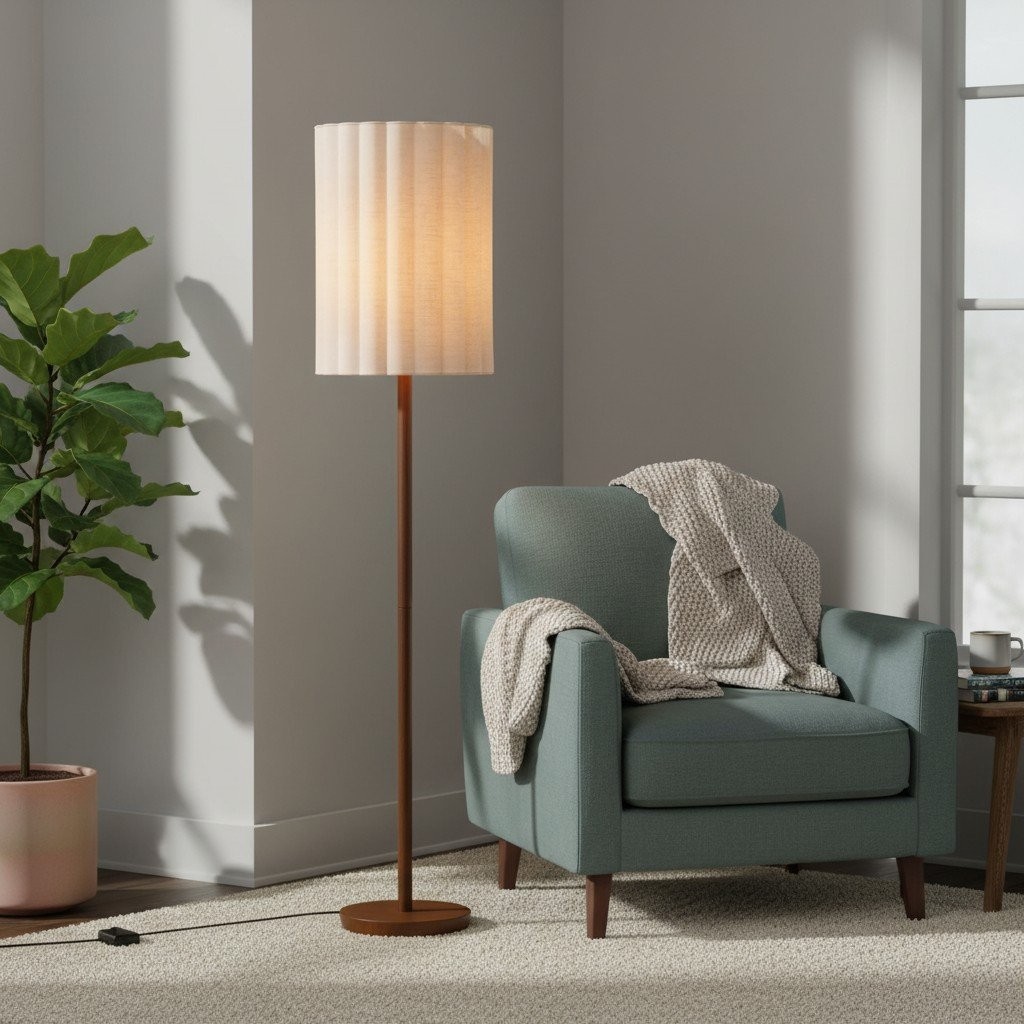 Linbron vloerlamp van walnoothout met geribbelde linnen kap - Moderne natuurlijke woondecoratie HL1915