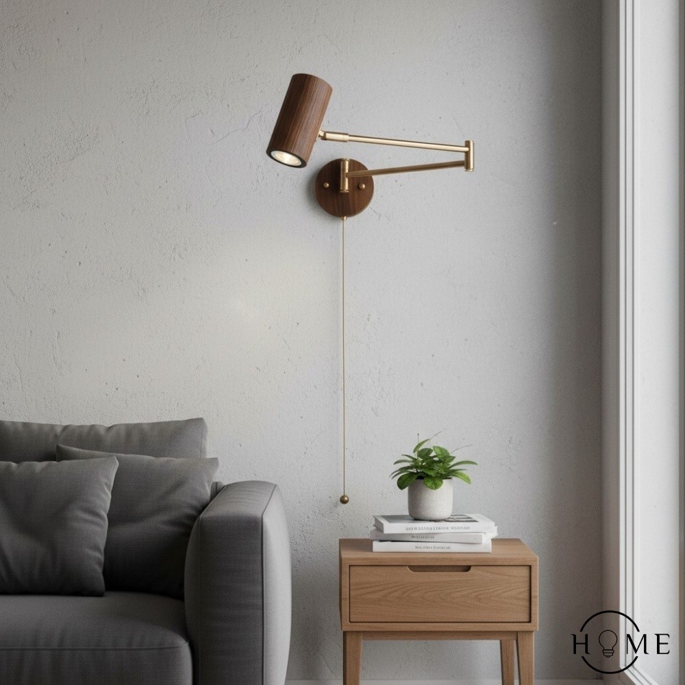 Verstelbare wandlamp met cilindervormige zwenkarm van hout en ijzer HL1085