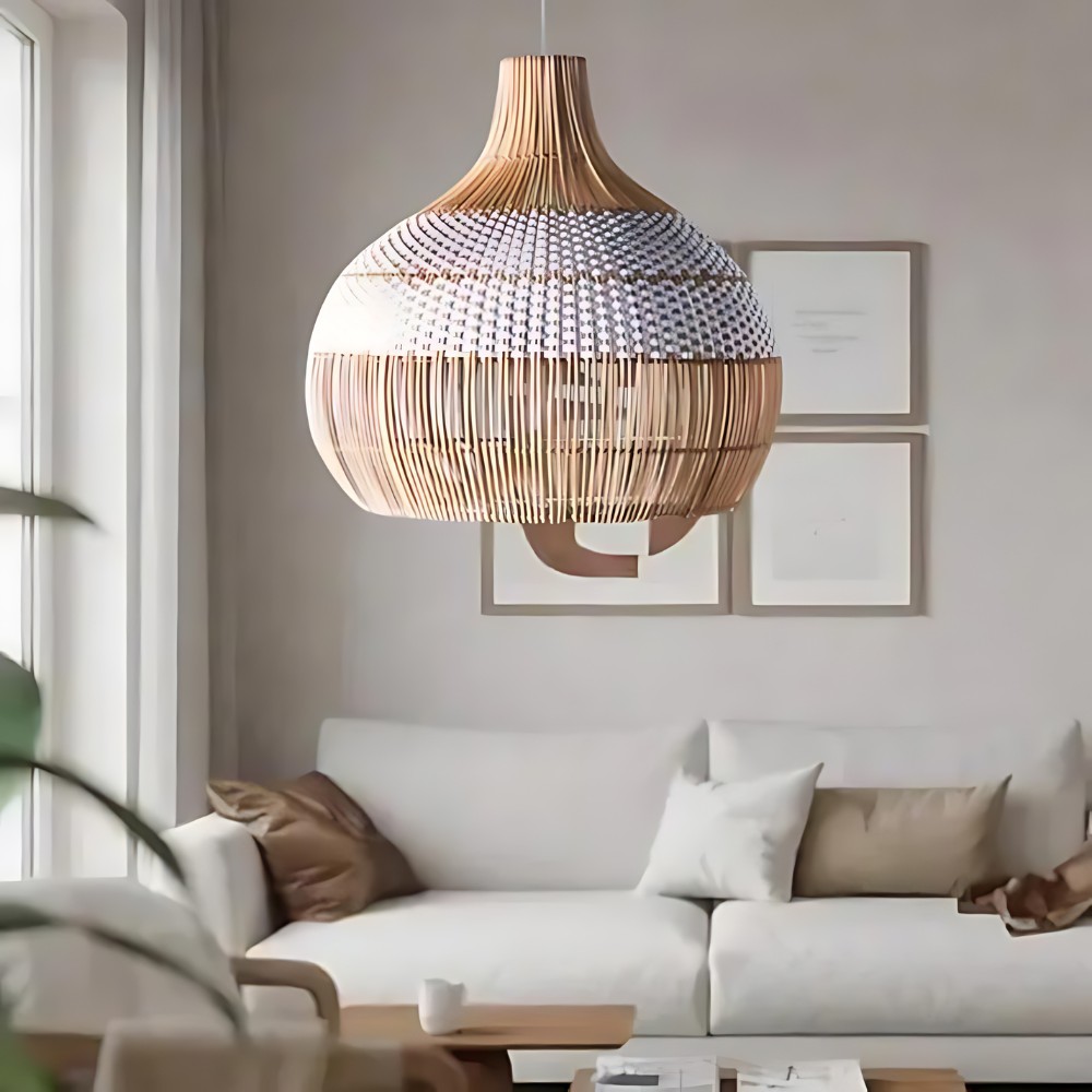 Luchtige, witte, elegante hanglamp van natuurlijk rotan HL3395