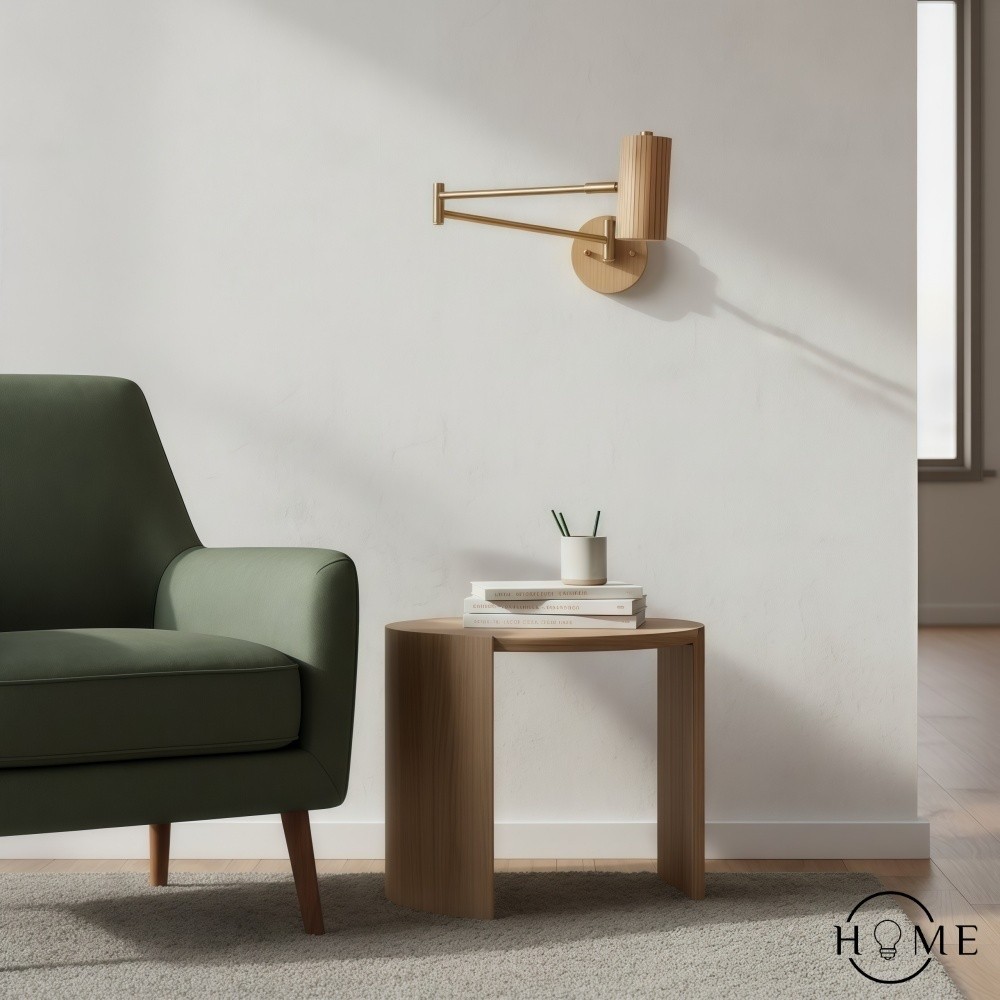 Verstelbare wandlamp met cilindervormige zwenkarm van hout en ijzer HL1085