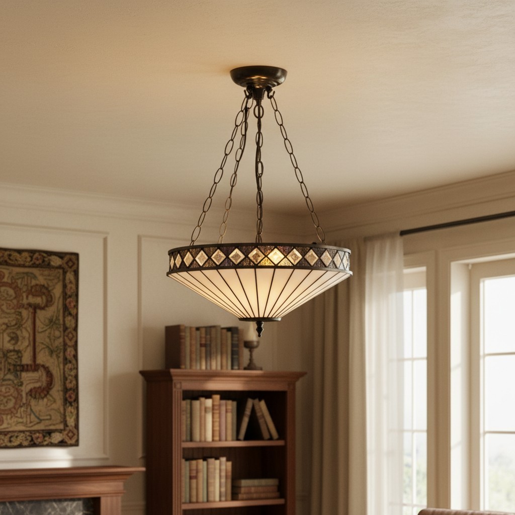 TF Fargo Verstelbare Hanglamp met Glas-in-lood-geïnspireerde omgekeerde kap voor kookeiland en eettafel HL2177