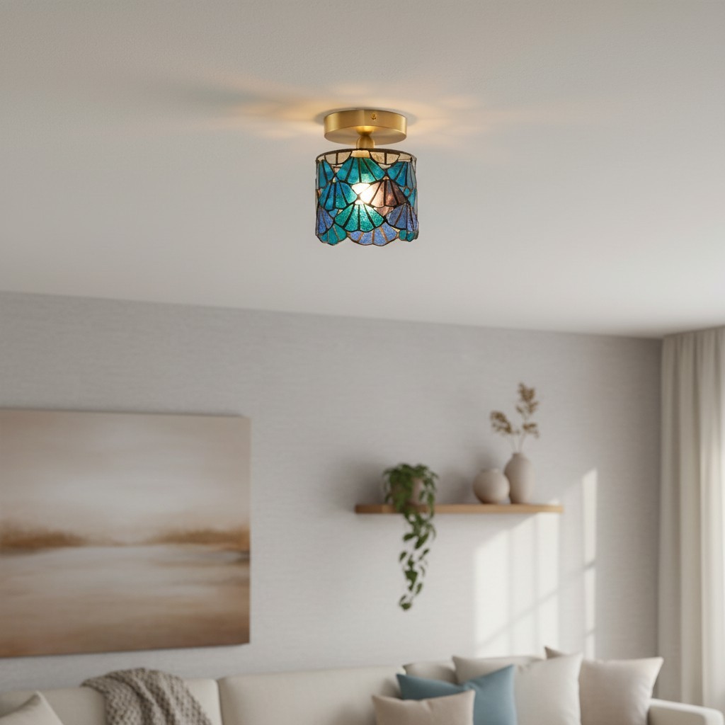 Vintage Tiffany-stijl plafondlamp met glas-in-lood en decoratief patroon voor de woonkamer HL2345