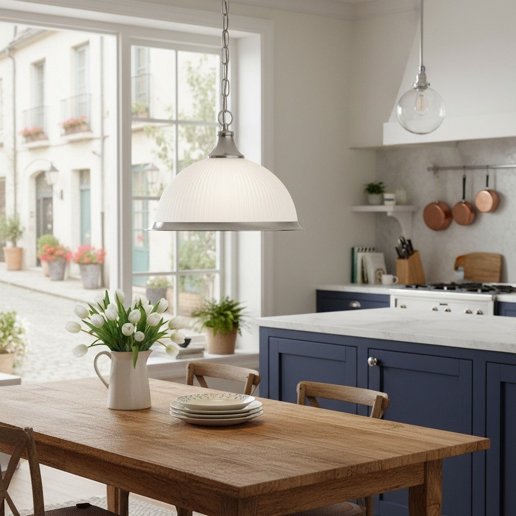 TF Vintora Hanglamp met geribbeld glas - Elegante metalen afwerking voor keukens, eetkamers en gangen HL2221