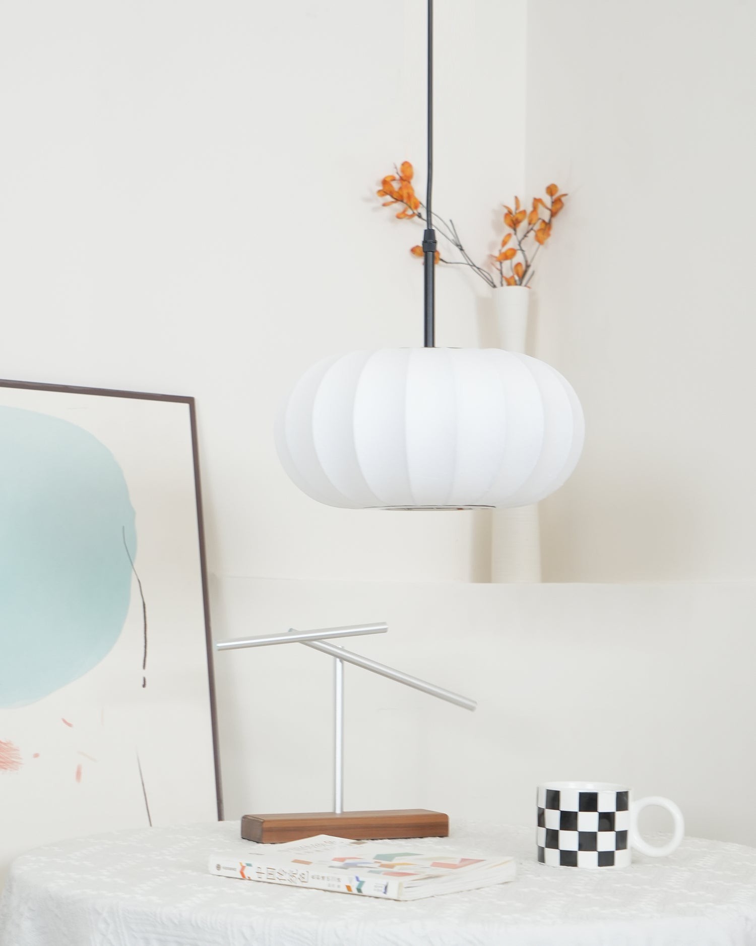 Eenvoudige Wabi-sabi witte lantaarn stoffen hanglamp HL852