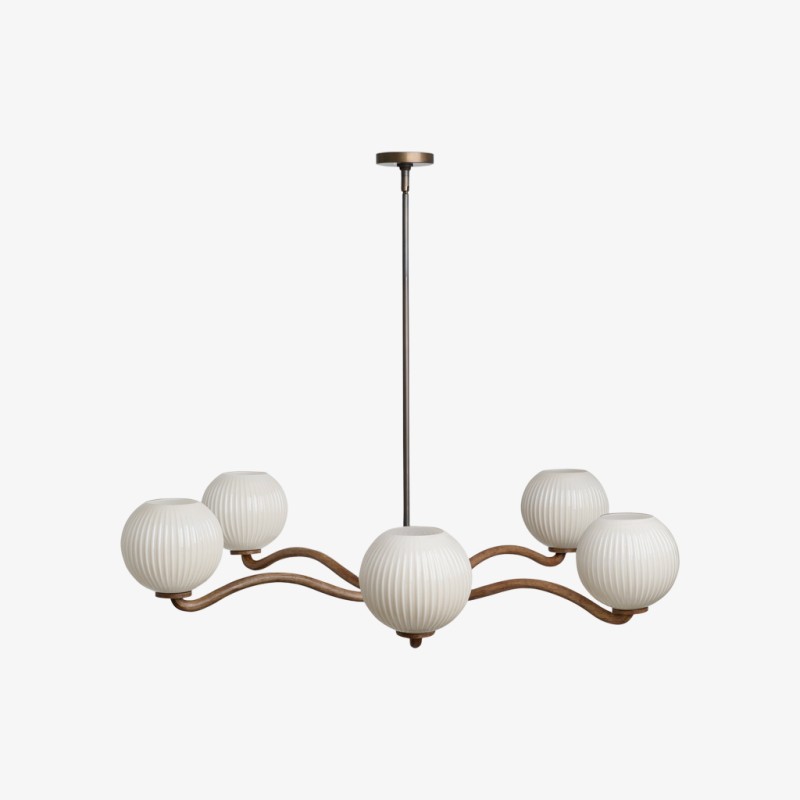 Shella Moderne kroonluchter met vijf bollen - Hanglamp van hout, metaal en glas voor slaapkamer of eetkamer HL1864