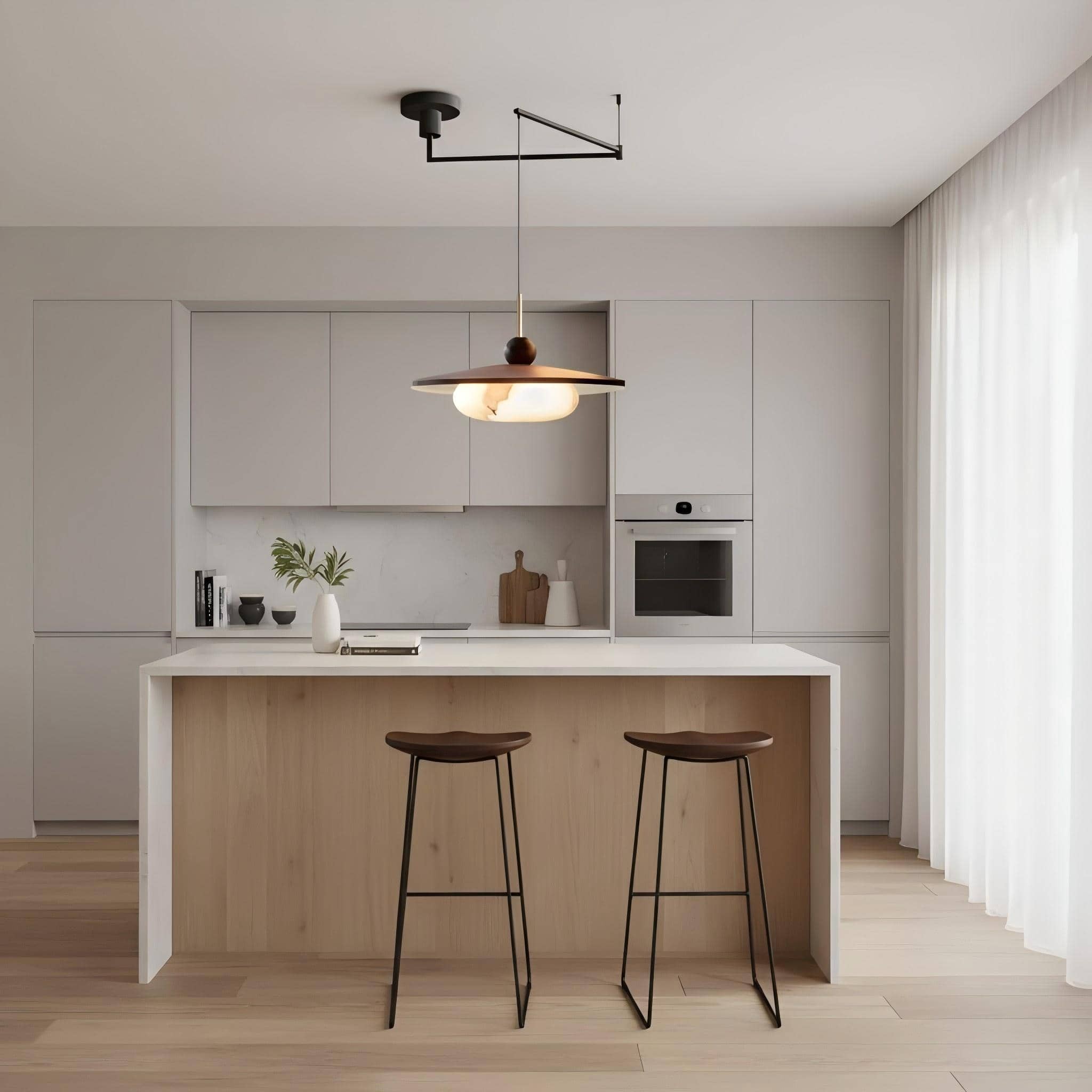 Moderne hanglamp met houten schijf en zwenkarm HL1057