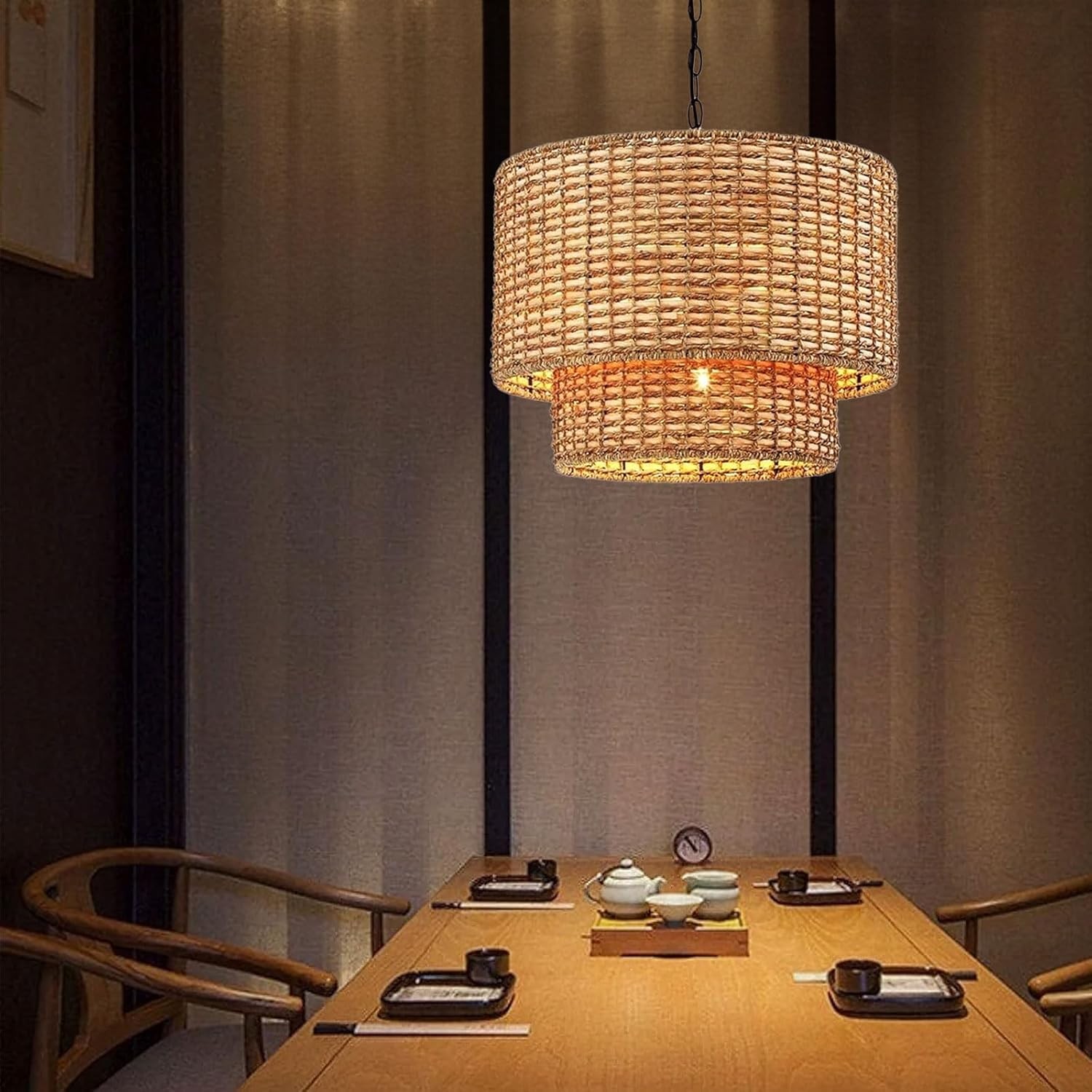 Natuurlijke rotan dubbele trommel hanglamp met zwarte kap HL1001