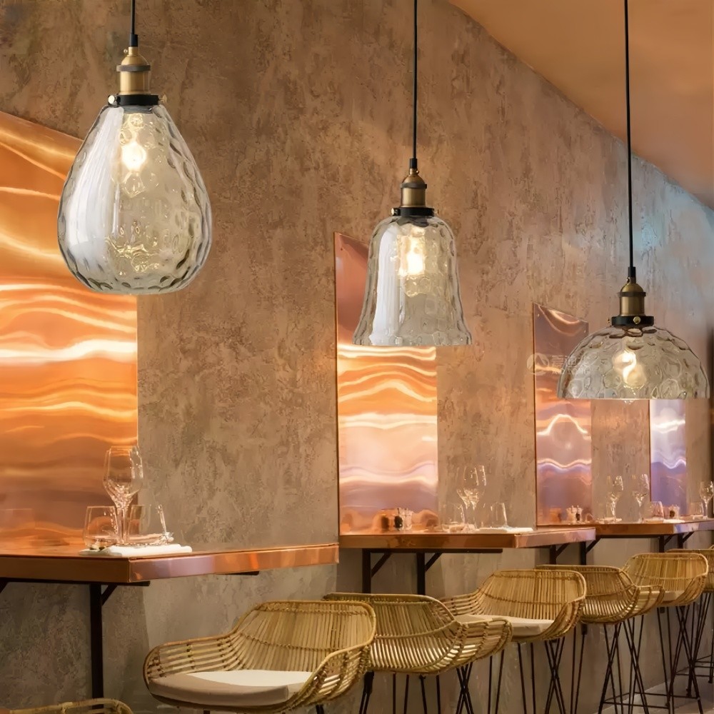 Hanglamp van getextureerd glas in Noordse stijl - Amberkleurige koepelvormige hallamp HL1329