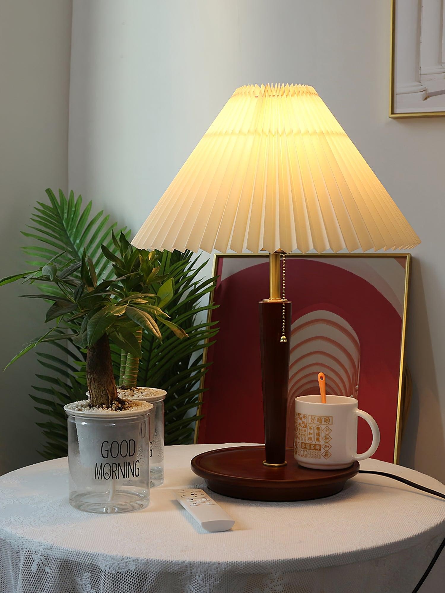 Nordic Retro Geplooide Stoffen Houten Tafellamp Voor Slaapkamer HL482