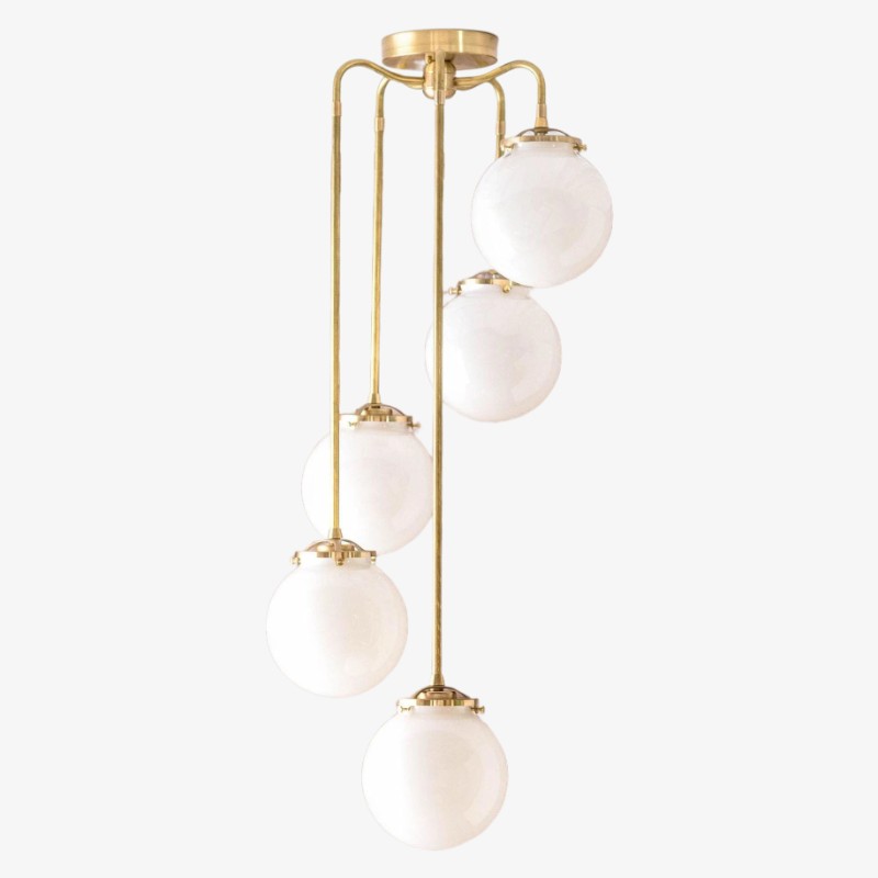 Glorica Glazen Kroonluchter met 5 Bolvormige Lampen - Vintage Hanglamp van Messing en Opaalglas HL1681