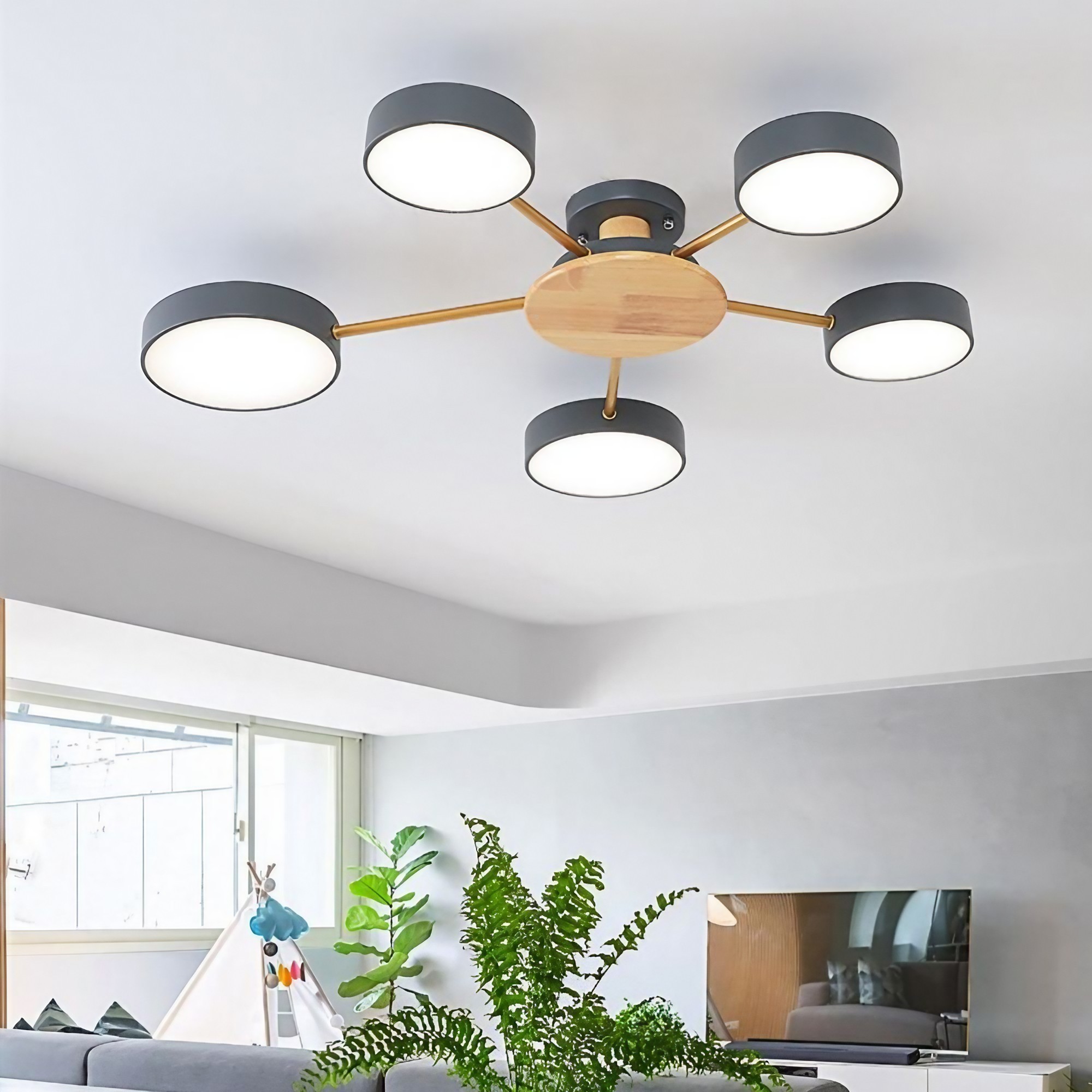 Moderne plafondlamp met takkenschijf - LED-lamp van hout voor eetkamer HL1345