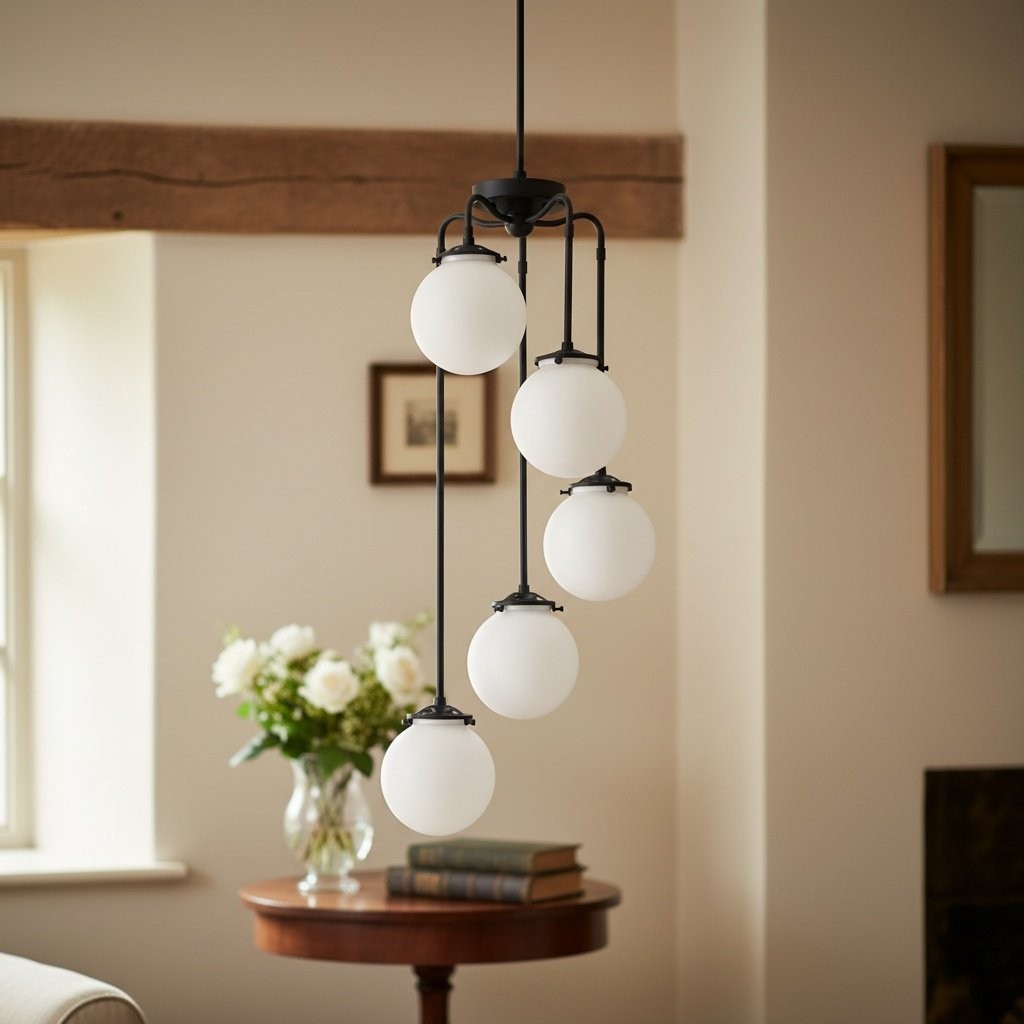 Glorica Glazen Kroonluchter met 5 Bolvormige Lampen - Vintage Hanglamp van Messing en Opaalglas HL1681