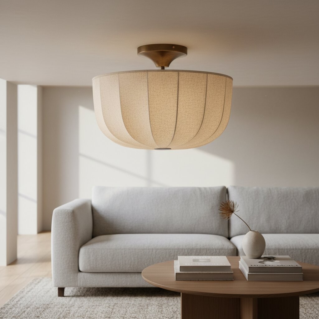 Loomis plafondlamp – Moderne plafondlamp voor woonkamers met een kap van getextureerd linnen en verouderd messing HL2285