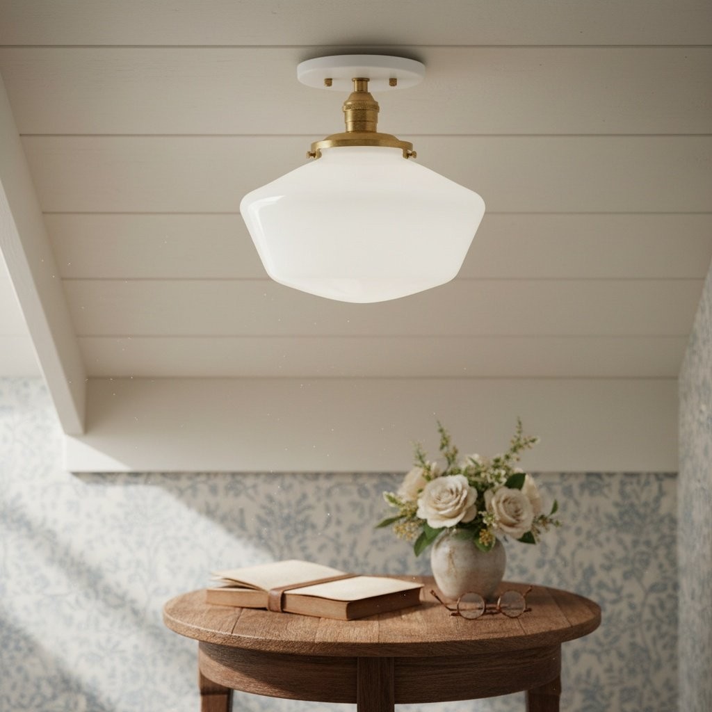 Geotower glazen plafondlamp van messing - opaal glazen schoolhuiskap - moderne elegantie HL1732