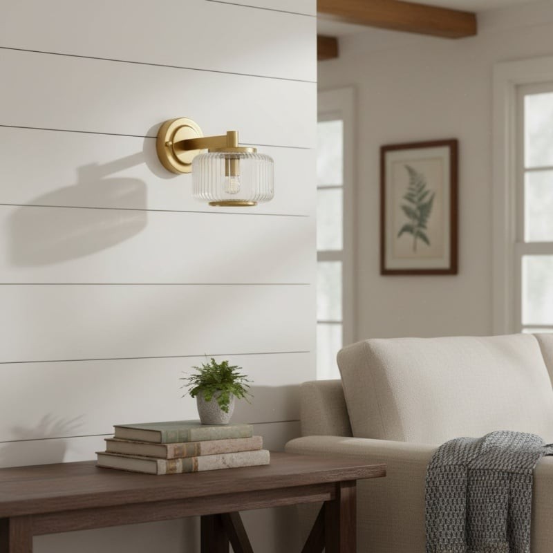 Canovus wandlamp met geribbelde glazen kap - elegante messing wandlamp voor woonkamerverlichting HL2235